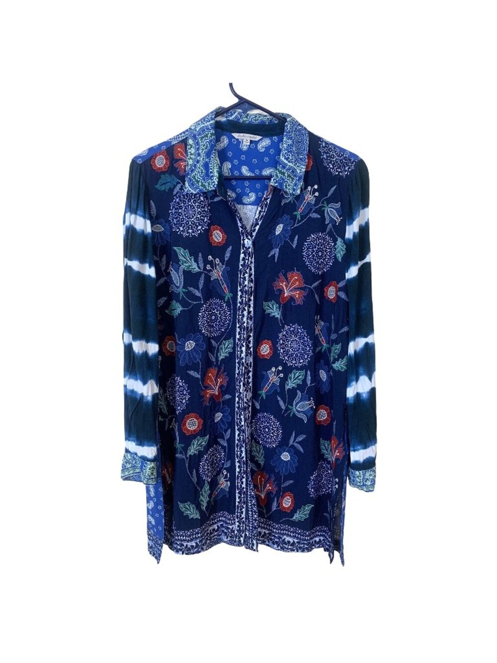 John Mark Womens Tunic Top Medium Floral Paisley Shirt Blue Art to Wear Button